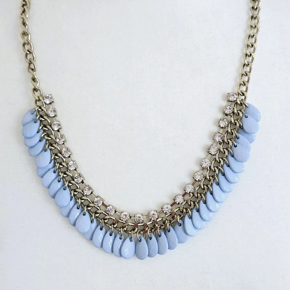 Statement Necklace Blue Beaded Rhinestone Chain Classic Retro Cocktail Party 22
